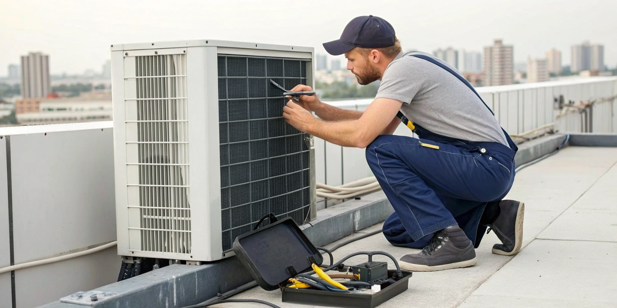 Technician using a commercial HVAC maintenance checklist on a rooftop unit.