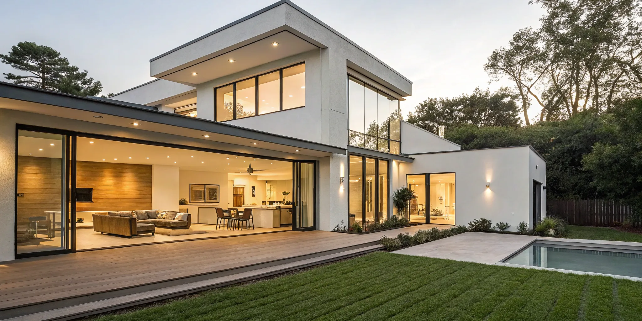 Modern 1000 sq ft home with an open-concept layout, large windows, and a backyard patio and pool.