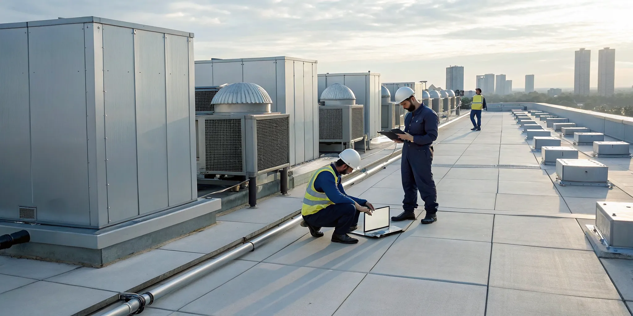 Best commercial HVAC installers working on a rooftop unit for a large building.