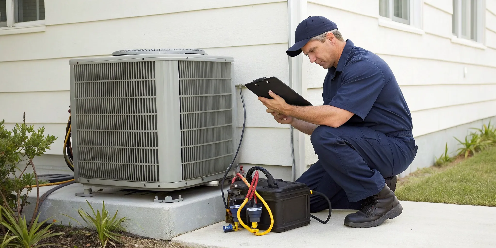 A technician services an AC unit during a tune-up to prevent expensive repair costs.
