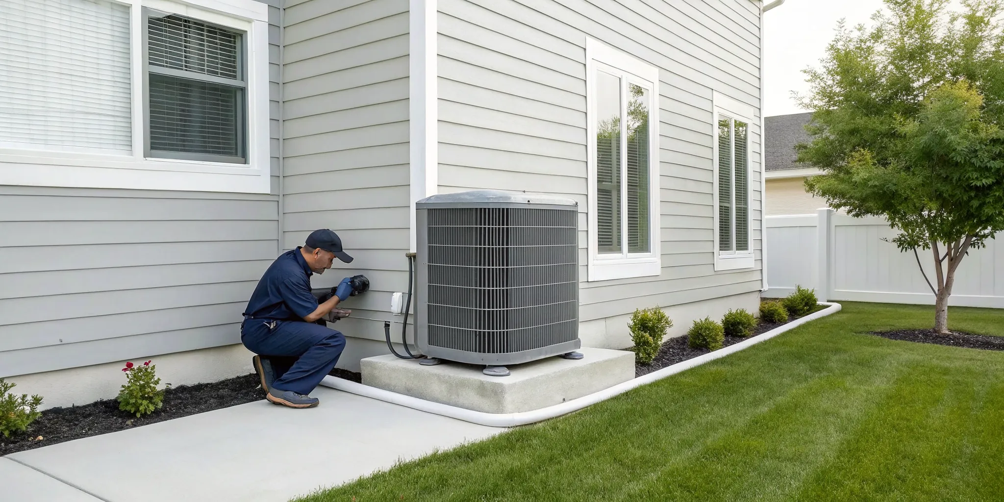 Technician performing a residential HVAC system replacement.