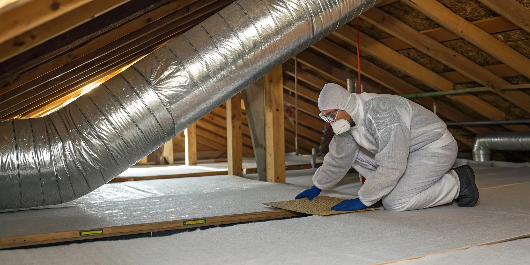 A person in protective gear completes a DIY ductwork replacement in an attic.