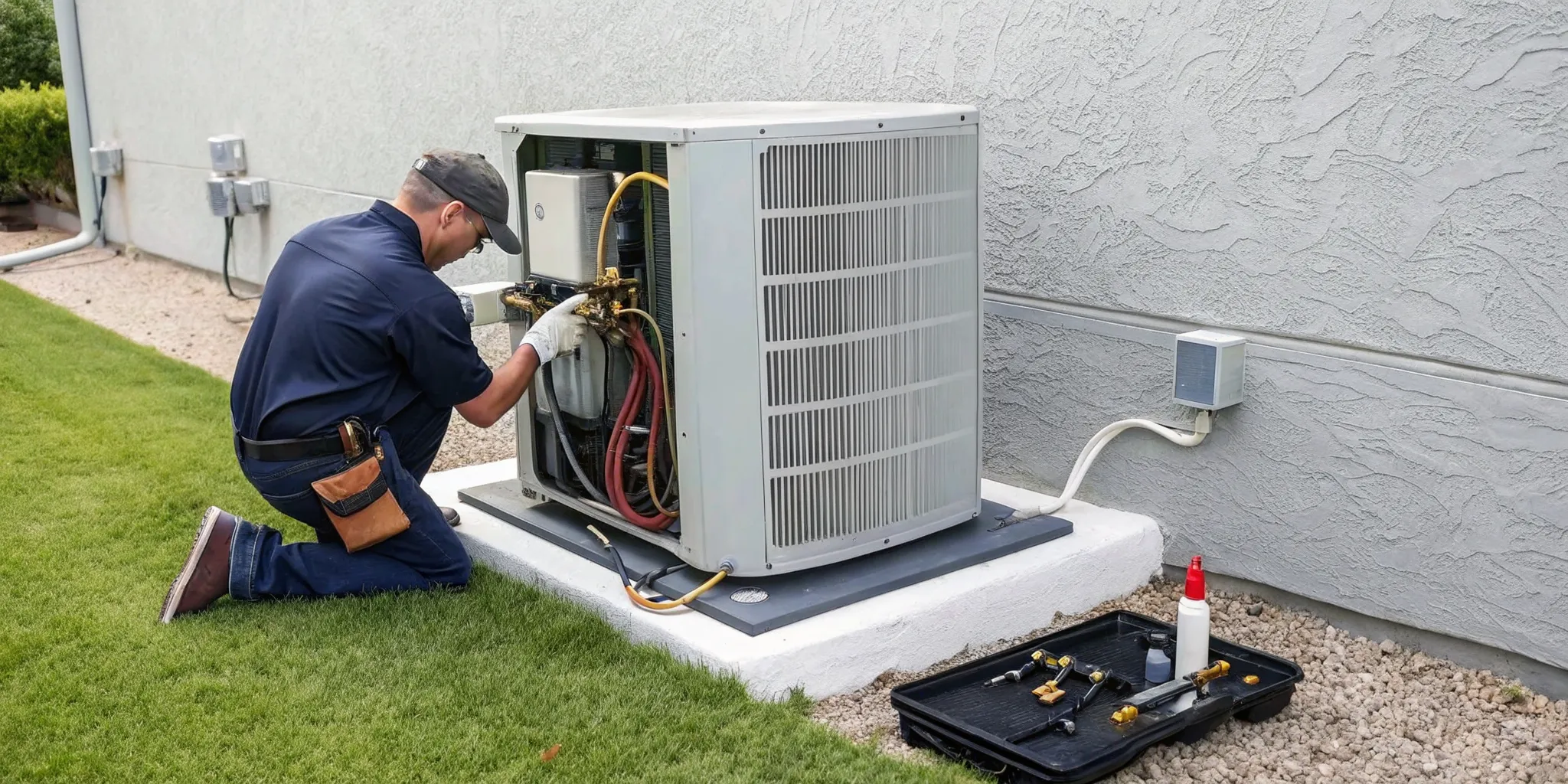 A person troubleshooting a central air unit by inspecting the outdoor condenser.