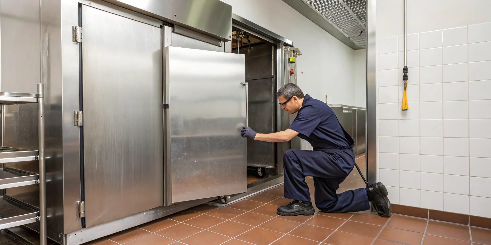 How to repair a walk in cooler door by tightening hinges and inspecting the gasket.