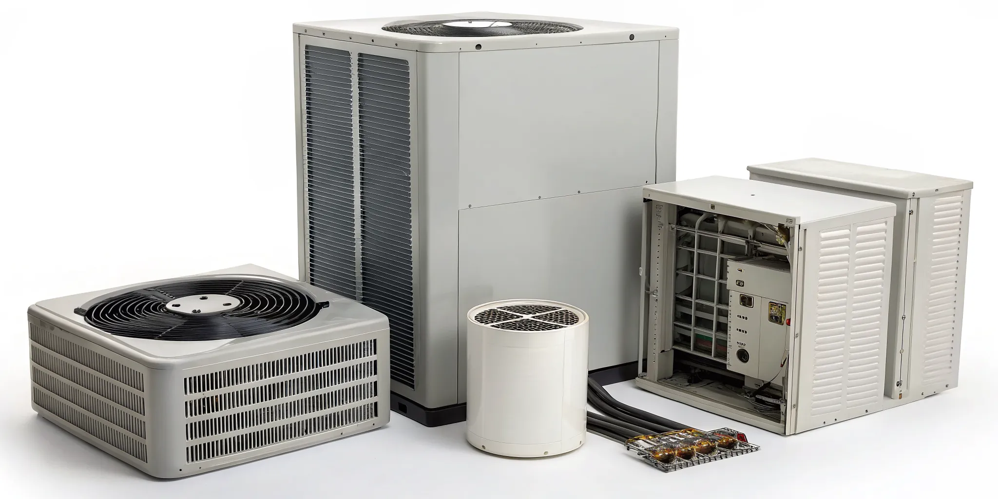 Common HVAC system replacement parts including a compressor, blower motor, and capacitor.