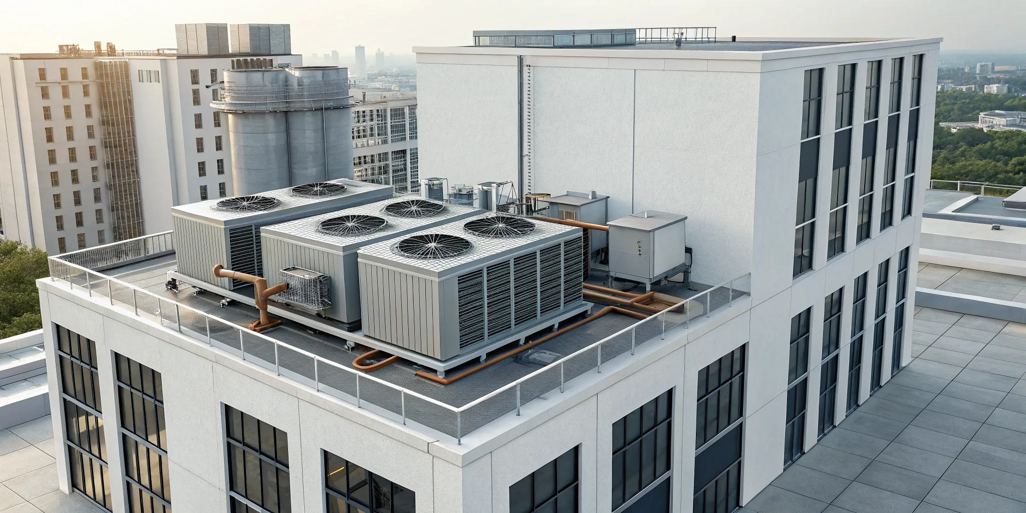 Key components of a commercial HVAC system on a building rooftop.