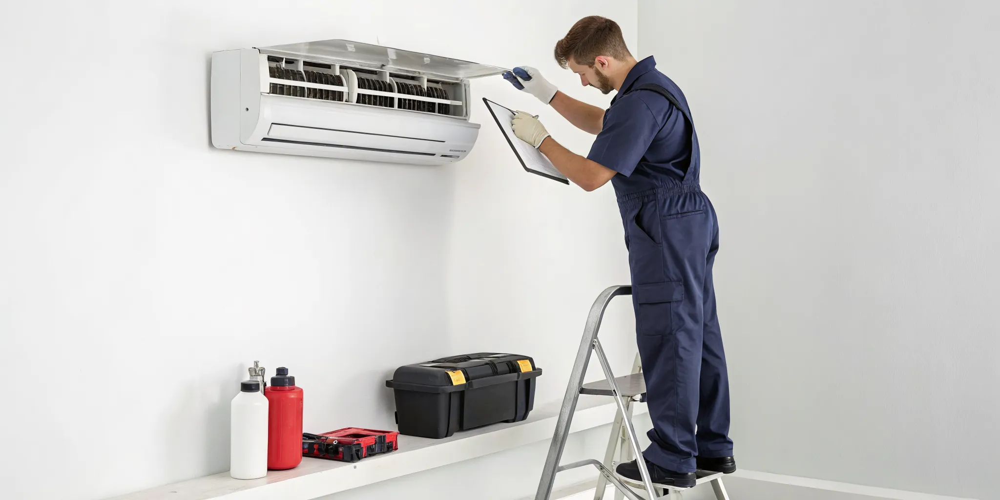 A split AC maintenance checklist PDF being used by a service technician.