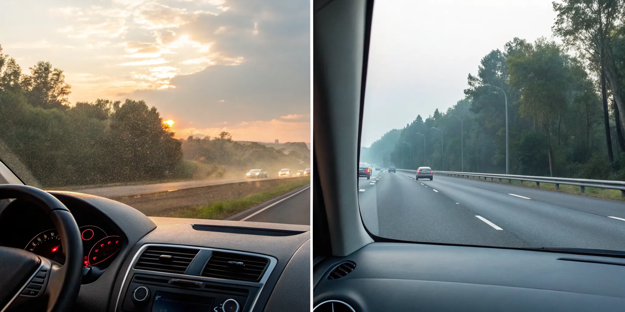 A foggy car windshield caused by the recirculate AC setting, compared to a clear windshield with fresh air.