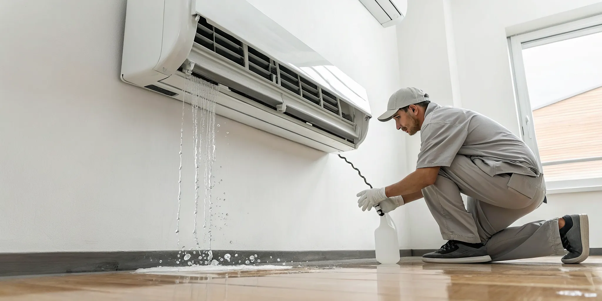 Technician inspecting a brand new air conditioner leaking water onto the floor.