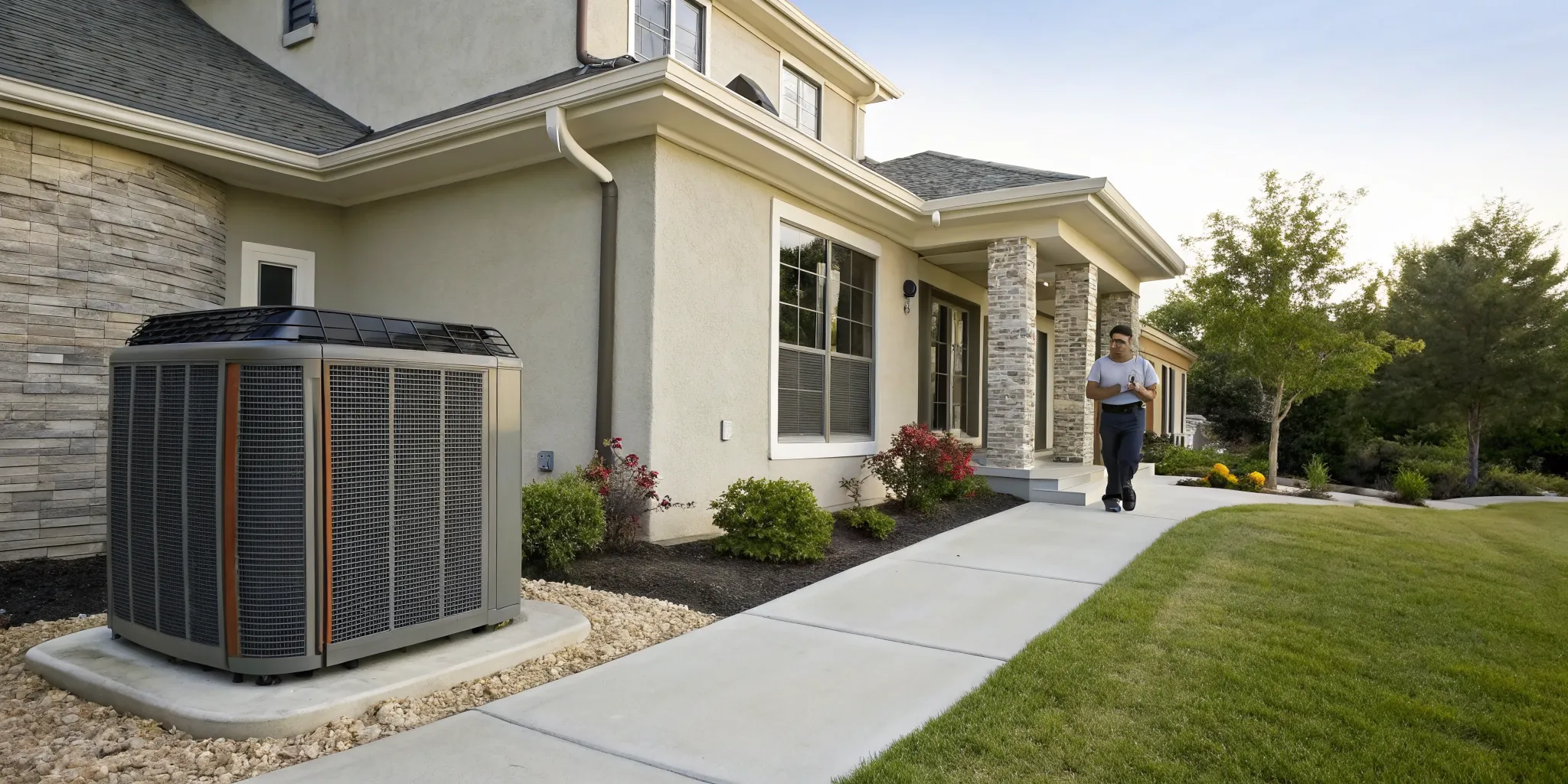 A 5-ton Trane AC unit being installed by a technician.