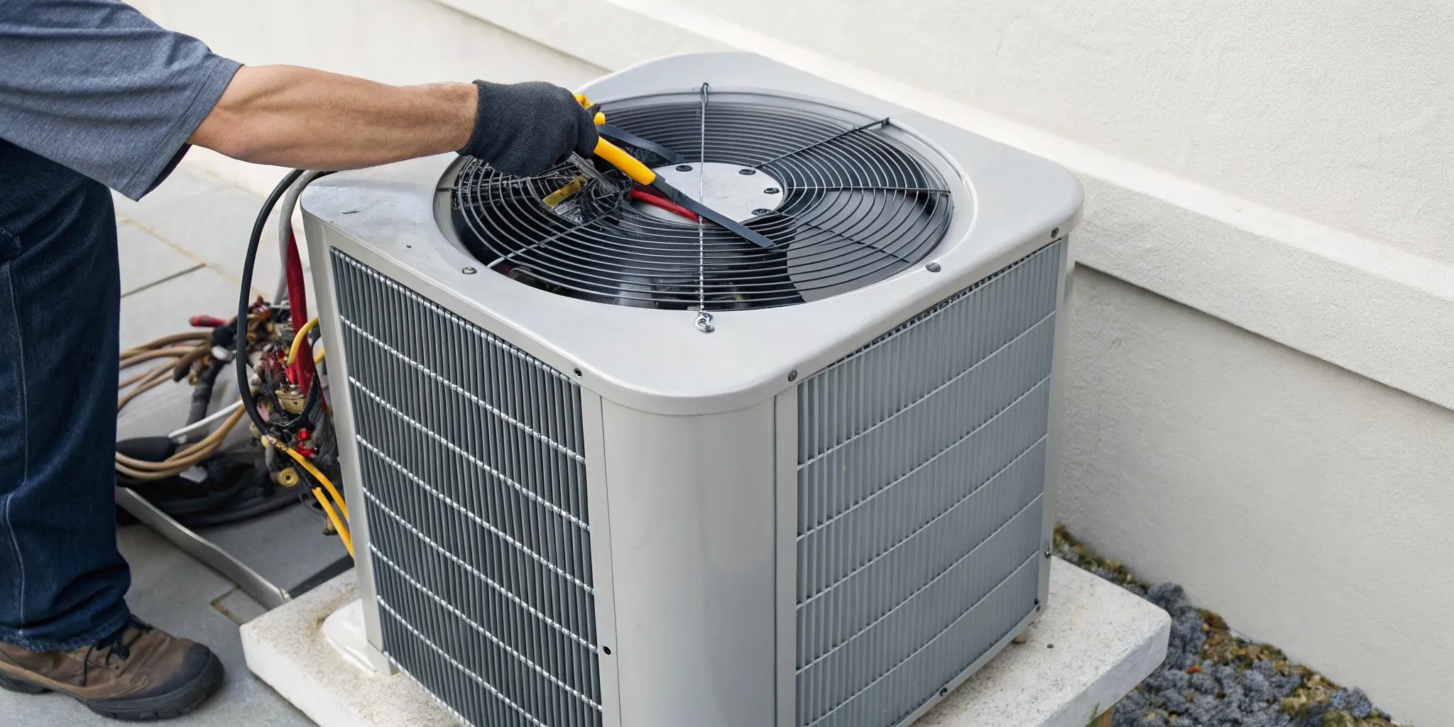 Technician repairing an air conditioner fan on an outdoor unit.
