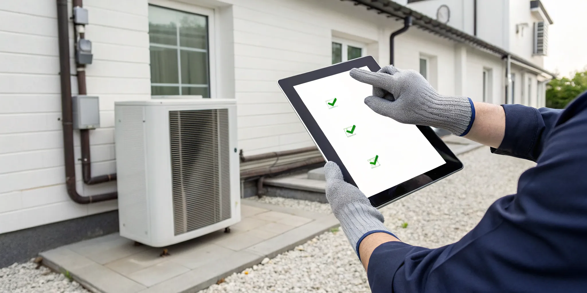 Technician using a digital HVAC maintenance checklist on a residential unit.