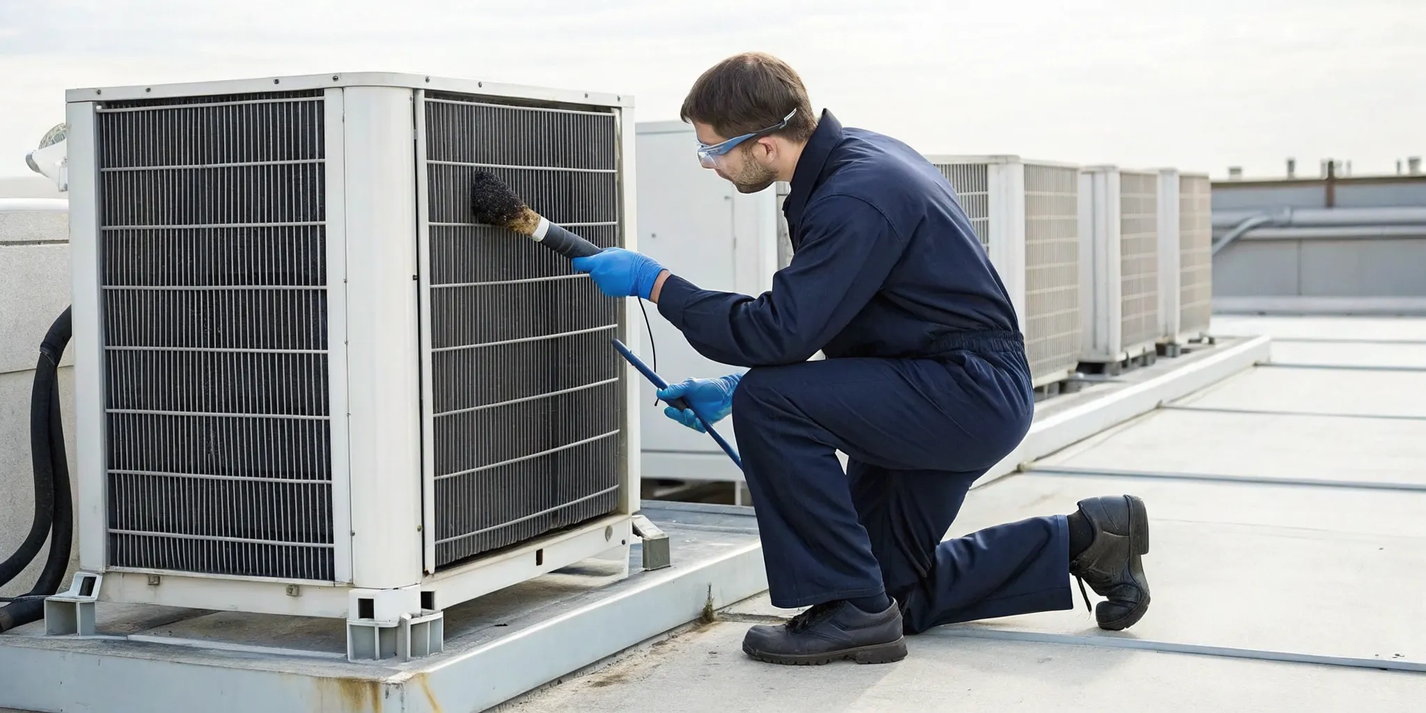 Person cleaning an AC condenser coil with a brush without removing it.