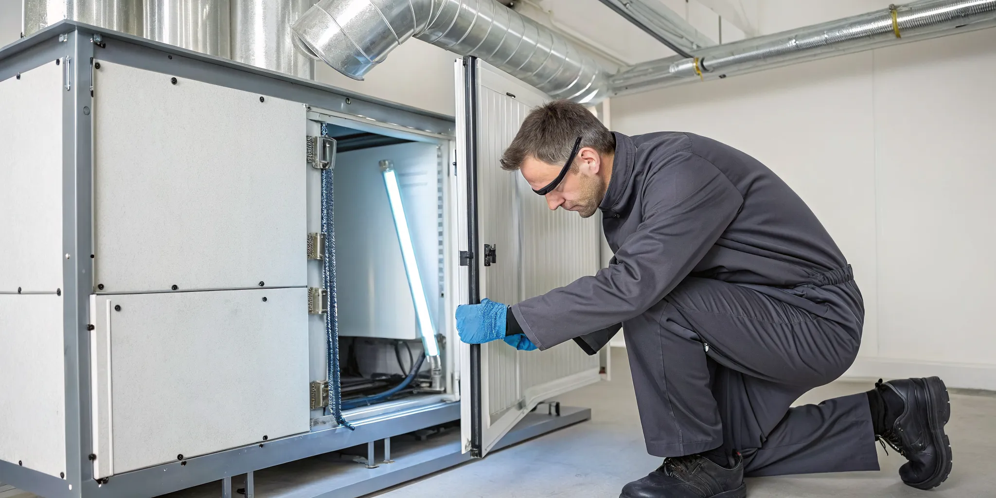 Technician replacing an HVAC UV light for better air quality.