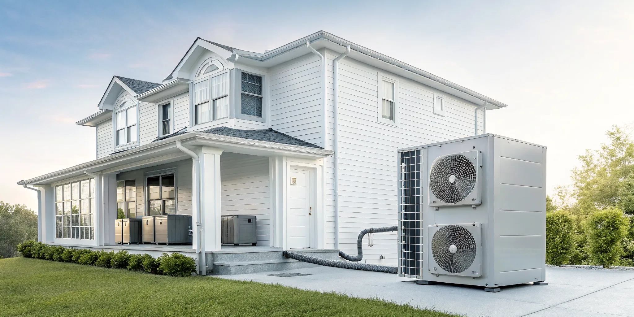 Different types of HVAC systems, including heat pumps, installed on the outside of a home.