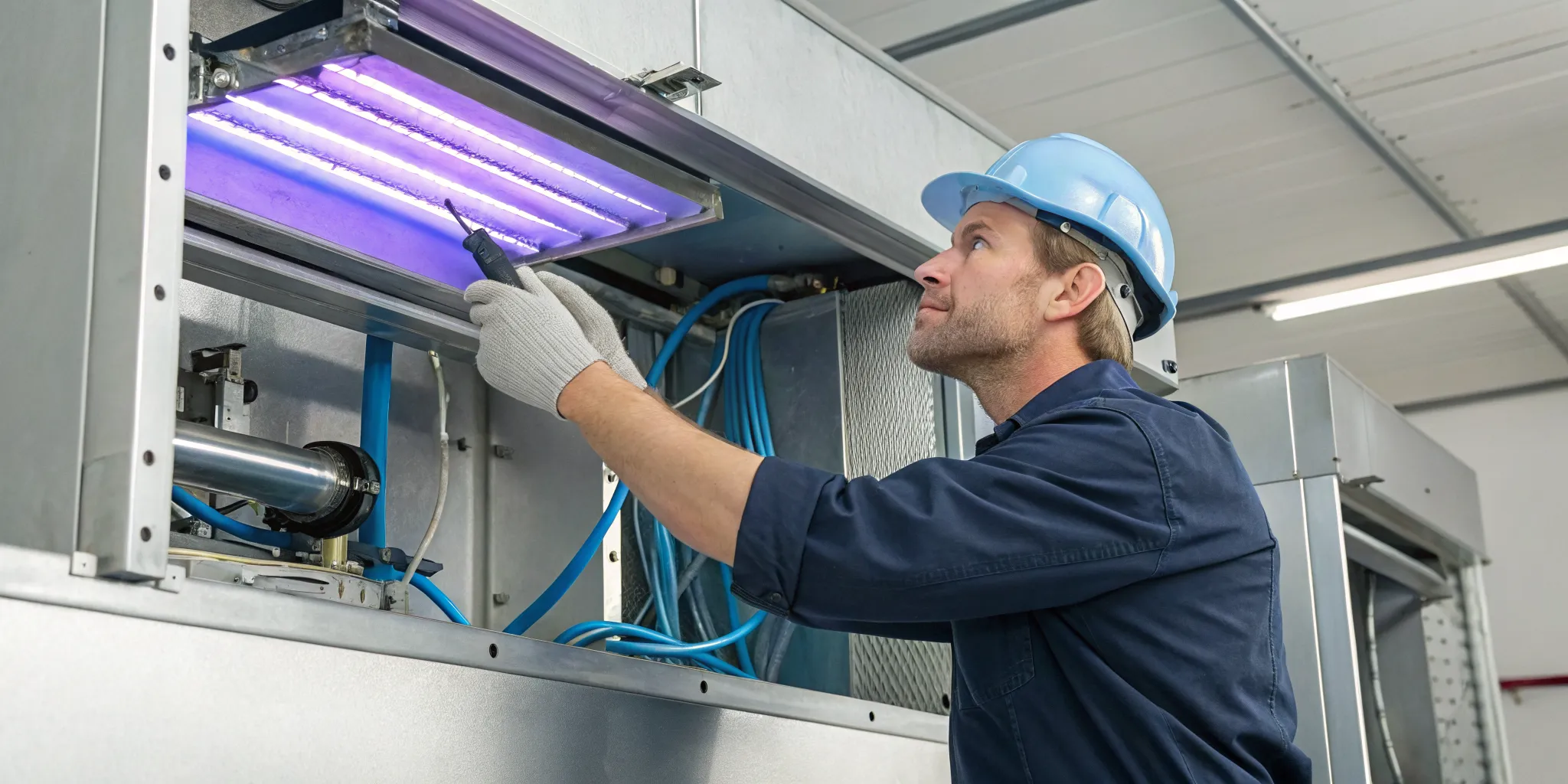 Technician completing a UV light for HVAC installation.