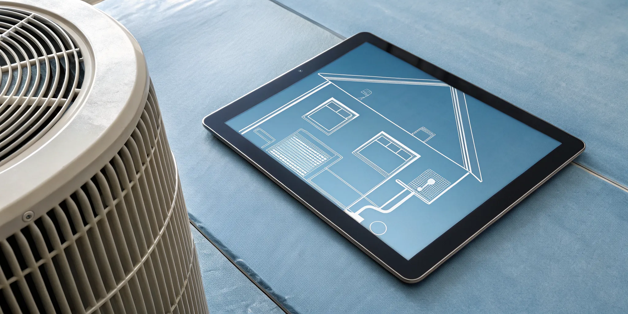 Tablet showing an HVAC components PDF guide next to an outdoor unit.
